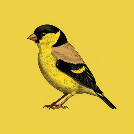 the goldfinch, perched delicately on a branch, is beautifully captured in this minimal screenprint illustration, presented as a vibrant risograph print, showcasing the bird's full body in exquisite detail, perfect for nature lovers and bird enthusiasts alike, adding a touch of elegance to any room's decor. ai generatedの素材