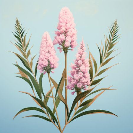 two liatris flowers are elegantly depicted on a soft pink backdrop, showcasing a blend of light aquamarine and gold hues. the illustration captures the essence of classic japanese simplicity and nature-inspired compositions, reminiscent of thai art and historical illustrations. the hand-drawn details and contrasting values add depth and beauty to the artwork. ai generatedの素材