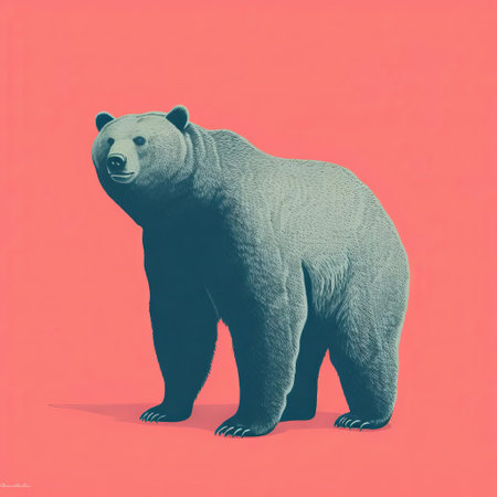 this bear, depicted in a minimal screenprint illustration, stands proudly in a full-body pose, showcasing its majestic beauty, reminiscent of a risograph print, evoking a sense of wildness and freedom, perfect for nature lovers and art enthusiasts alike, featuring bold lines and vibrant colors. ai generatedの素材