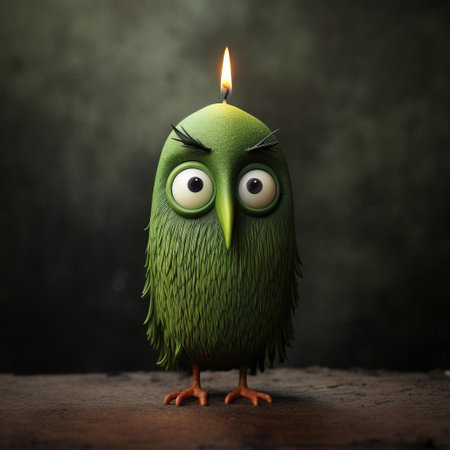 the green bird figurine, reminiscent of evgeni gordiets' and clemens ascher's inventive character designs, sits serenely atop an eternity candle, its painted eyes gleaming with an otherworldly intensity, evoking the surrealism of didier lourenco's art, amidst spiky mounds of concrete, in this intimate close-up shot. ai generatedの素材