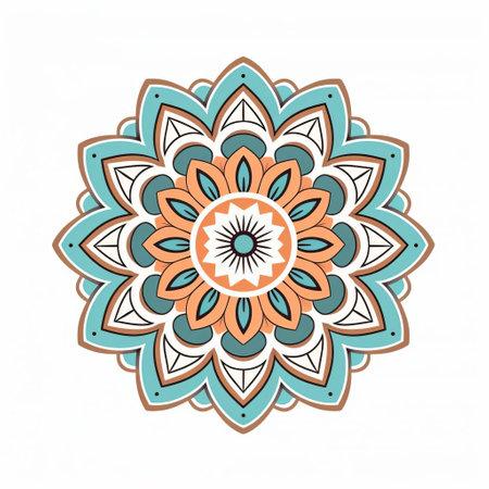 an ornamental circular design featuring a minimalistic symmetry with flower patterns in orange and blue colors. the design is inspired by balinese art and classic tattoo motifs, with a light teal and black style. set against a white background, the design incorporates light emerald and light brown accents. ai generatedの素材