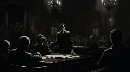 bernie wrightson's courtroom thriller artwork plunges viewers into a dark and mysterious realm, where the shadows of justice loom large, evoking a sense of foreboding and tension, as the intricate details and haunting atmosphere transport fans of horror and suspense into a world of eerie intrigue. ai generatedの素材