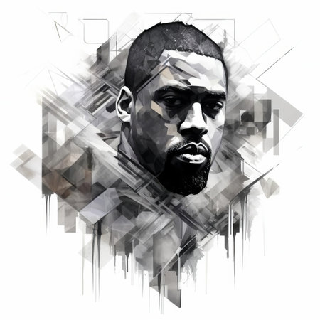the abstract art piece, inspired by kanye west and automotive, delves into the psychology of computer technology, featuring a unique blend of geometrical and vintage elements, crafted with a rough ink brush, resulting in a creative, random, and thought-provoking monochrome masterpiece. ai generatedの素材