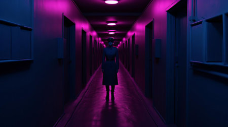 the magenta, clad in a striking dark blue uniform, strides confidently through a dimly lit corridor, surrounded by mysterious shadows, evoking a sense of futuristic sci-fi ambiance, with hints of cyberpunk and dystopian undertones, perfect for fans of futuristic fiction and dark fantasy art. ai generatedの素材