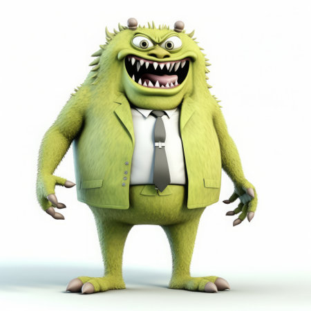 the 3d monster, dressed in a stylish suit, stands confidently on a pristine white background, showcasing its full body in a striking pose, perfect for illustrations, animations, and digital art projects requiring a touch of fantasy and whimsy. ai generatedの素材