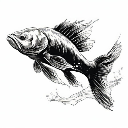 the catfish, illustrated with bold, defined lines using black ink on a pristine white background, showcases its sleek, armored body and whisker-like barbels, highlighting its unique features in a striking, high-contrast visual representation, perfect for aquarium enthusiasts and fish lovers alike. ai generatedの素材