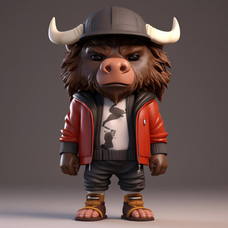 this adorable 3d cartoon buffalo, dressed in trendy urban clothes, exudes cuteness, blending rustic charm with modern style, perfect for illustrations, animations, and graphic designs that require a fun, quirky, and lovable character with a touch of whimsy and playfulness. ai generatedの素材