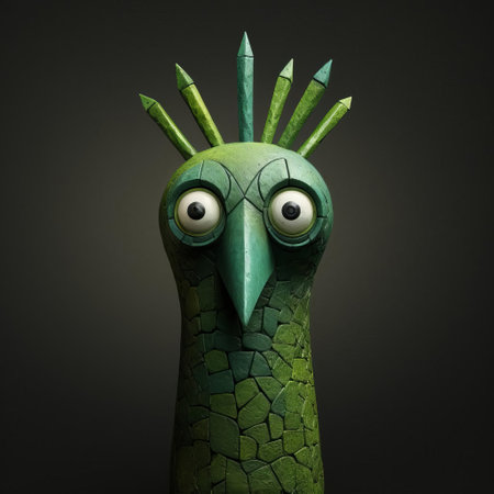 this vibrant green bird figurine, reminiscent of evgeni gordiets' and clemens ascher's inventive character designs, showcases a striking centerline, accentuated by intricately painted eyes, evoking the whimsical style of didier lourenco, set against a backdrop of spiky mounds, evincing a concrete, three-dimensional quality. ai generatedの素材