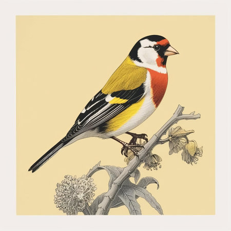 the goldfinch, perched on a delicate branch, is beautifully captured in this minimal screenprint illustration, presented as a vibrant risograph print, showcasing the full body of the bird in exquisite detail, highlighting its bright yellow plumage and subtle feather textures. ai generatedの素材