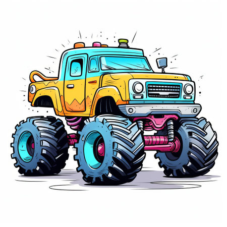 this colorful monster truck illustration features a simple, childish line drawing of a powerful vehicle with oversized wheels and a bold, rugged design, set against a clean white background, perfect for kids' decorations, party themes, or educational materials. ai generatedの素材