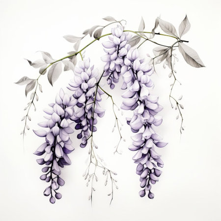 the wisteria, with its delicate purple flowers cascading down a long stem, is beautifully showcased against a clean white background, highlighting the simplicity and elegance of this monochrome, linear design, perfect for nature-inspired home decor and botanical art enthusiasts. ai generatedの素材
