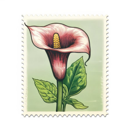 this vintage calla lily stamp features an exquisite isolated old print on a pristine white background, showcasing intricate color and delicate line engraving details, reminiscent of a bygone era, perfect for art enthusiasts and collectors of antique botanical illustrations. ai generatedの素材