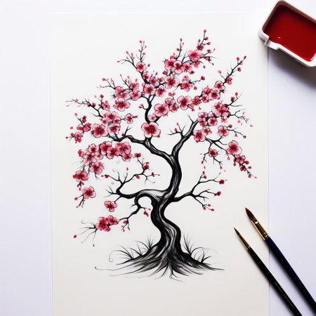 the cherry tree, with its slender stem and minimalist monochrome design, stands elegantly against a crisp white background, evoking a sense of simplicity and serenity, perfect for nature-inspired home decor, botanical art, and minimalist design enthusiasts. ai generatedの素材