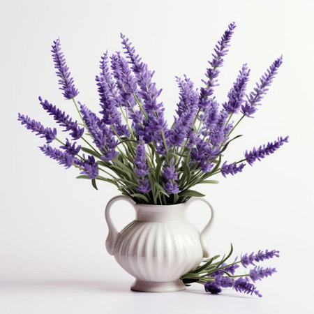 the lavender arrangement, bursting with elegance, features delicate purple flowers and lush greenery, carefully crafted to create a stunning 3d effect, beautifully showcased against a pristine white isolated background, perfect for floral design inspiration, wedding decor, and home decor ideas. ai generatedの素材