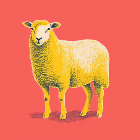 this sheep illustration is a stunning example of minimalist screenprint art, beautifully rendered in a vibrant risograph print, showcasing the full body of the gentle creature in a simple yet captivating design, perfect for nature lovers and art enthusiasts alike. ai generatedの素材