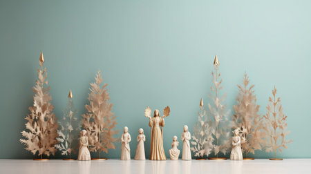 the nativity figurines, delicately arranged amidst fir branches, create a serene winter wonderland scene on a soothing turquoise background, evoking a sense of calm and tranquility, perfect for a minimalist holiday decor, with soft pink and light gold accents, beautifully presented on a shaped canvas. ai generatedの素材