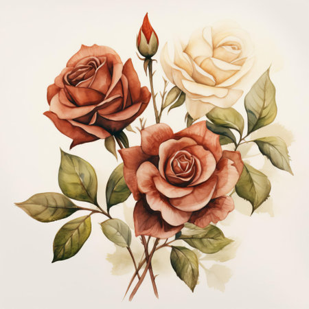 this stunning rose illustration on a pristine white background showcases the artistic flair of aquarellist, evoking the vibrant spirit of tongan art, with emerald and brown hues reminiscent of ceramic masterpieces, presented in ultra-high definition, perfect for typography and design projects, with crisp 300 dpi resolution. ai generatedの素材