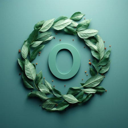 the vibrant eighty sculpture, meticulously crafted from a multitude of leaves, stands out against a calming teal background, evoking a sense of autumnal serenity and creative expression, perfect for nature-inspired art, botanical designs, and eco-friendly aesthetics. ai generatedの素材