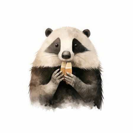 this badger, illustrated by jon klassen, is playfully putting its hand in its mouth, accompanied by a snicker emoji, showcasing its adorable and curious nature, highlighting the artist's signature whimsical style in this delightful, background-free artwork. ai generatedの素材