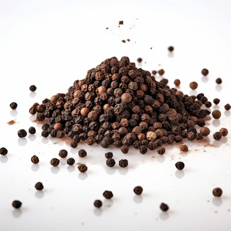 ground black pepper, a staple spice in many cuisines, is beautifully showcased on a pristine white background, highlighting its rich, dark color and intricate texture, perfect for use in recipes, cooking, and food styling, adding depth and flavor to any dish. ai generatedの素材