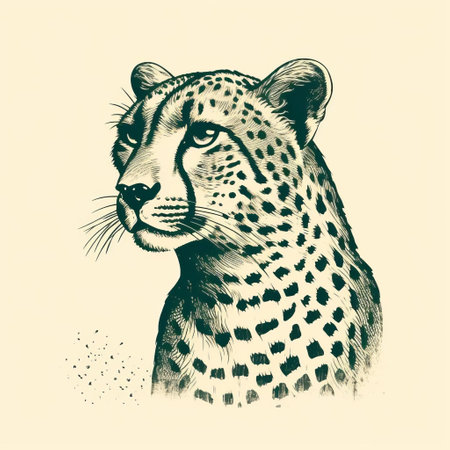 this vintage-style cheetah stamp, printed in green ink on a crisp white background, showcases a stunning line engraving design, evoking a sense of nostalgia and classic elegance, perfect for collectors of rare postage stamps, wildlife enthusiasts, and fans of retro graphic design. ai generatedの素材