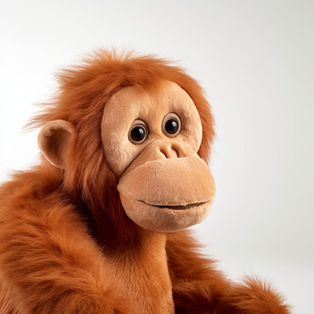 this adorable orangutan plush toy, with its soft and cuddly texture, is showcased in a stunning close-up photograph against a crisp white background, highlighting its intricate details and inviting expression, perfect for capturing the hearts of toy collectors and animal lovers alike, evoking feelings of warmth and playfulness. ai generatedの素材