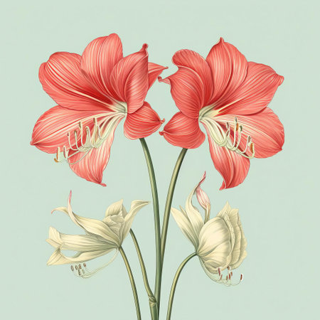 two amaryllis flowers are elegantly depicted on a soft pink background, embodying a blend of light aquamarine and gold hues. the illustration captures the essence of classic japanese simplicity and nature-inspired compositions, reminiscent of thai art and historical illustrations. the hand-drawn details showcase contrasting values, creating a visually striking and harmonious piece. ai generatedの素材
