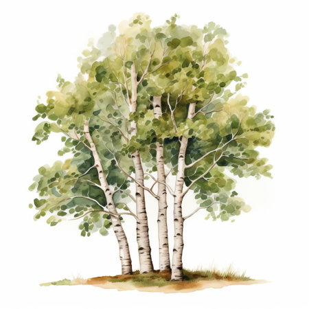 this majestic birch tree illustration stands out against a pristine white background, showcasing the artistic flair of aquarellist's spectacular backdrops, reminiscent of the vibrant art of tonga, with its striking emerald and brown hues, perfect for ceramic designs, available as a high-resolution uhd image with 300 dpi, ideal for typography and shapes that don't overlap, with no watermark or text obscuring the beauty of theの素材