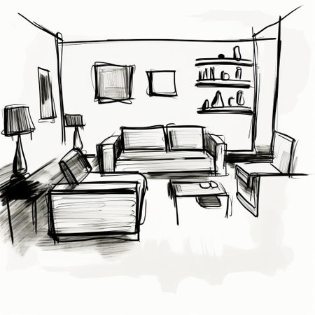 family room sketch, crudely illustrated with primitive simplicity, features minimalist broad shapes and thick lines, reminiscent of a child's artwork, created using a black marker or sharpie, evoking a sense of playful naivety, perfect for those who appreciate raw, unpolished art, minimalist design, and hand-drawn illustrations. ai generatedの素材