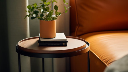 the minimalist end table, crafted from sleek metal and rich wood, takes center stage in this intimate close-up shot, its clean lines and subtle textures evoking a sense of modern sophistication, perfect for adding a touch of elegance to any living room or home decor. ai generatedの素材