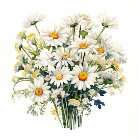 the chamomile bouquet, delicately illustrated in a detailed watercolor style reminiscent of 1960s dutch naturalistic botanical art, stands out against a crisp white background, showcasing the intricate beauty of this calming herb, perfect for nature lovers and botanical enthusiasts alike. ai generatedの素材