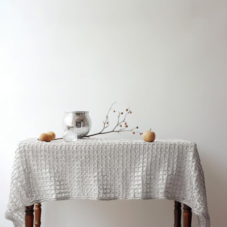 the modern silver knitted table stands elegantly in an empty white space, showcasing its intricate texture and sleek design, perfect for adding a touch of contemporary style to any room, blending seamlessly with minimalist decor and scandinavian-inspired interiors. ai generatedの素材