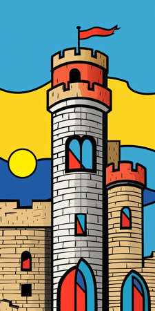 the fort, depicted in a vibrant and bold comic-book style reminiscent of roy lichtenstein, stands majestically against a bright blue sky, its stone walls and towers rendered in ben-day dots, evoking a sense of nostalgia and pop art flair, blending history and modernity in a striking visual fusion. ai generatedの素材