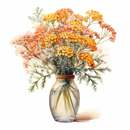 the beautiful watercolor yarrow bouquet, delicately arranged in a vase, stands out against a pristine white background, showcasing the flower's soft, feathery texture and subtle, creamy hues, evoking a sense of elegance and sophistication in floral arrangement and home decor inspiration. ai generatedの素材