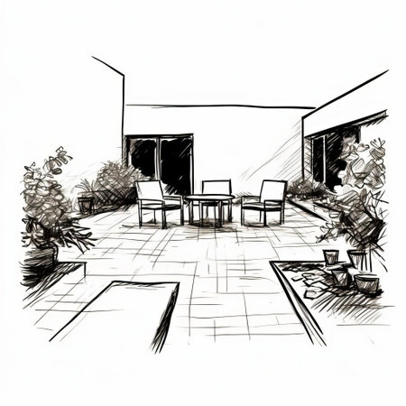 patio illustration showcases a rough, simple, and primitive hand-drawn sketch, characterized by broad, wide shapes, thick lines, and a minimalist approach, reminiscent of line art, created using a black marker or sharpie, evoking a sense of rustic charm and casual outdoor living. ai generatedの素材
