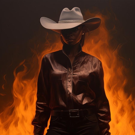 a woman stands confidently amidst flames, evoking the bold style of lil nas x, as meticulous details and thick textures blend with photorealism-inspired elements, creating a striking visual contrast between vulnerability and empowerment, set against a fiery backdrop that exudes intensity and passion. ai generatedの素材
