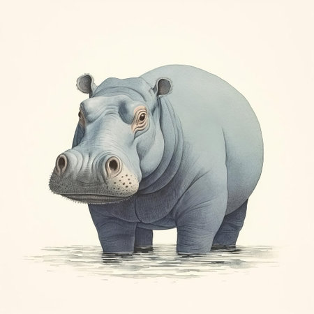the hippopotamus, majestically depicted in a stunning woodblock print, takes center stage in this striking minimalist illustration, rendered in a bold, single color palette that accentuates the animal's playful yet powerful demeanor, perfect for nature enthusiasts and art lovers alike. ai generatedの素材