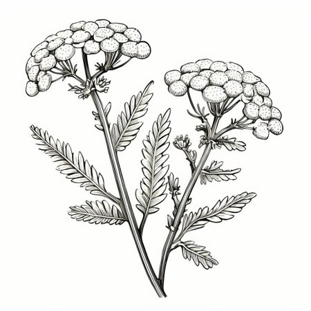 old print stamp of yarrow flower isolated on a white background. this vintage piece is an ink line engraving, showcasing intricate details. perfect for collectors and enthusiasts of botanical illustrations. ai generatedの素材
