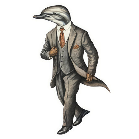 the dolphin, dressed in a stylish suit, poses elegantly against a crisp white background in this intricately detailed antique woodcut engraving, showcasing the artistic mastery of traditional printmaking techniques and the whimsical charm of vintage illustrations, perfect for marine life enthusiasts and collectors of rare prints. ai generatedの素材