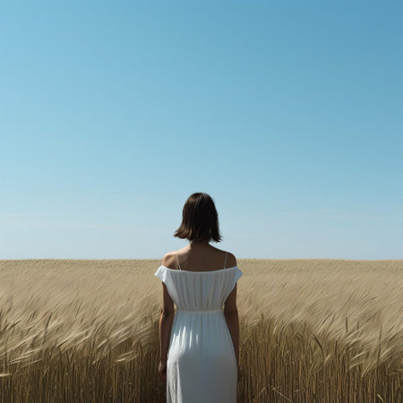 the woman stands serenely in a vast, open landscape field, surrounded by lush greenery and under a brilliant clear blue sky, evoking a sense of peacefulness and tranquility, with the simplicity and minimalism of the scene allowing the viewer to focus on the beauty of nature and the human form. ai generatedの素材