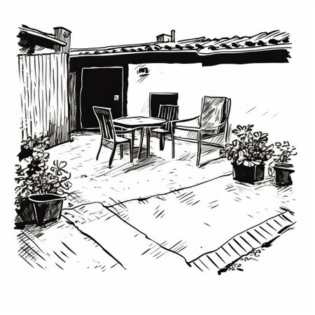 patio illustration showcases a rough, simple hand-drawn sketch featuring primitive, simplistic, and minimalist design elements, characterized by broad, wide shapes, thick lines, and a bold lineart outline created with a black marker or sharpie, evoking a sense of rustic, outdoor living spaces and backyard oases. ai generatedの素材