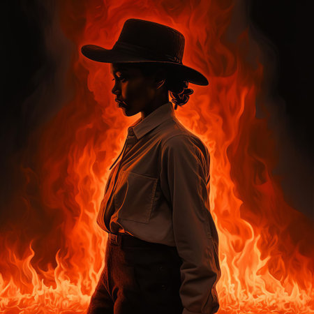a female figure stands confidently amidst flames, evoking the bold style of lil nas x, as meticulous details and thick textures blend with photorealism-inspired elements, creating a striking visual representation of contrasts, where vulnerability meets fierce determination. ai generatedの素材