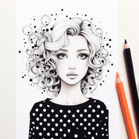 ashley, a whimsical illustration, shines against a crisp white background, crafted with precise fine liner strokes and bold black lines, adorned with delicate, soft-hued circles, and punctuated by a curious question mark, exuding playfulness and charm, perfect for dot art enthusiasts and fans of minimalist design. ai generatedの素材