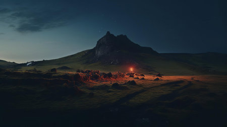 the volcano, situated in the picturesque normandy countryside, takes center stage in this striking hyper-realistic photograph, captured during the dramatic dusk hour, with a majestic big moon suspended in the sky, evoking a sense of nostalgia with its muted, cinematic colors reminiscent of 1970s analog aesthetics, boasting an amazing composition and shot in stunning 8k wide-angle resolution. ai generatedの素材