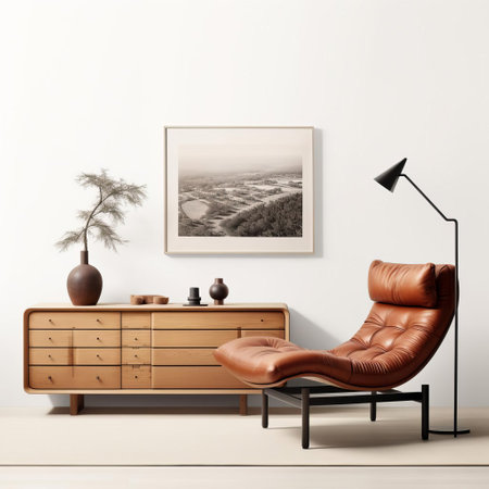 the buffet, elegantly styled with a sleek bouroullec lounge chair adorned with a luxurious leather jacket, takes center stage against a crisp white background, exuding modern sophistication and refined luxury, perfect for upscale interior design inspiration and high-end furniture enthusiasts. ai generatedの素材