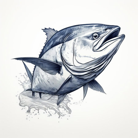 the kingfish, with its vibrant scales and striking features, takes center stage in this stunning minimalist graphic drawing, showcasing its full face in exquisite detail, highlighting its majestic beauty and intricate patterns, perfect for marine life enthusiasts and design aficionados alike. ai generatedの素材