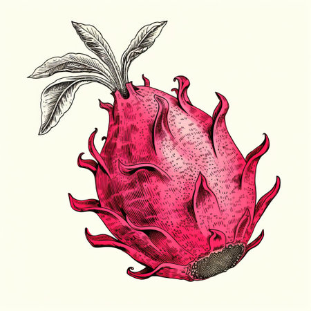 this vintage stamp features an intricately designed dragonfruit illustration, showcased against a pristine white background, boasting a beautiful blend of color and line engraving techniques, evoking a sense of nostalgia and classic elegance, perfect for collectors of rare and unique old prints. ai generatedの素材