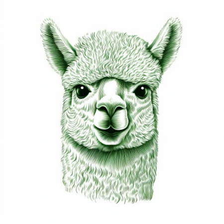 the alpaca, depicted in a beautiful isolated old print, stands out against a crisp white background, showcasing its soft fur and gentle features, with the green ink of the line engraving adding a touch of elegance to this vintage illustration, perfect for collectors and enthusiasts of antique art. ai generatedの素材