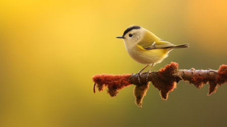 the goldcrest, a tiny yet vibrant bird species, perches delicately on a brown stem, showcasing its striking yellow and green plumage against a bright, sun-kissed background, highlighting its intricate details and fascinating behavior in its natural habitat. ai generatedの素材