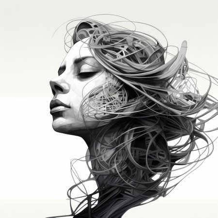 the surrealist art piece, rendered in haunting black and white, features a mesmerizing one-line drawing that weaves together dreamlike elements, evoking a sense of melancholy and mystery, characteristic of the surrealist movement, with its abstract forms and eerie atmosphere, perfect for fans of salvador dali and rene magritte. ai generatedの素材